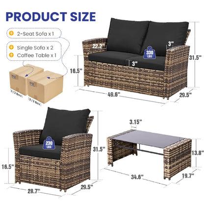 4-Piece Wicker Rattan Patio Conversation Set with Glass Table, Brown