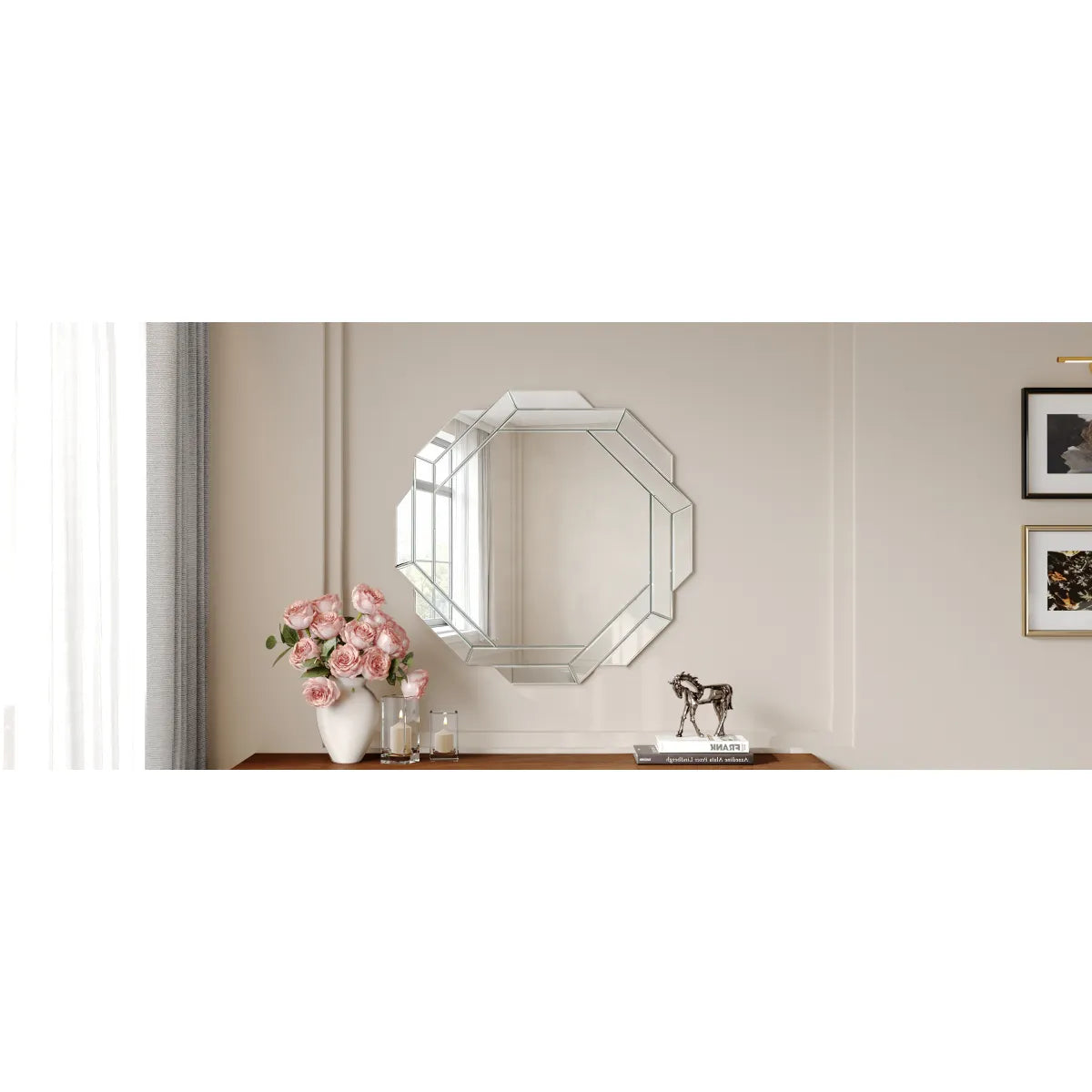 Octagonal Frameless Beveled Wall Mirror, Silver