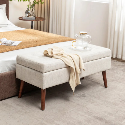 Mid-Century Tufted Storage Bench with Wood Legs, Off White
