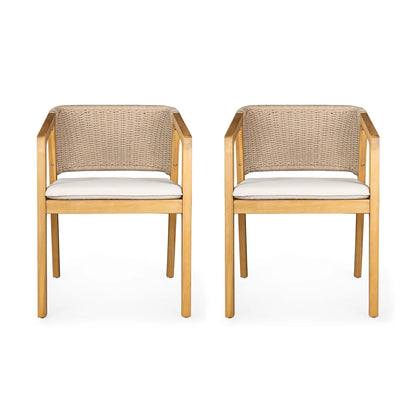 Rattan Wicker Patio Dining Chairs with Cushions, Set of 2, Light Teak