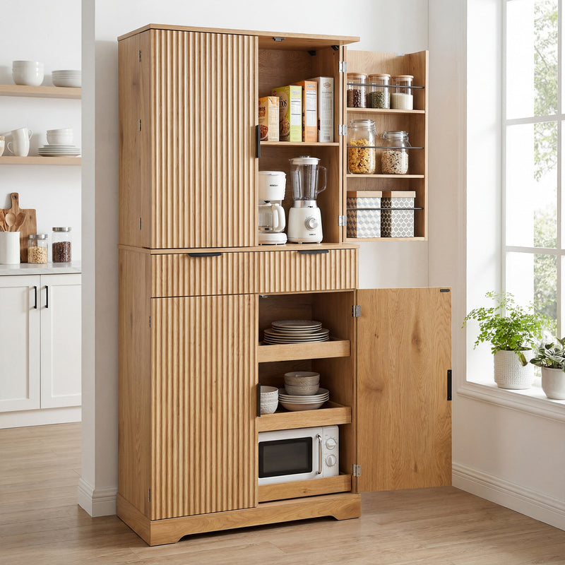 72 inch fluted pantry cabinet, oak