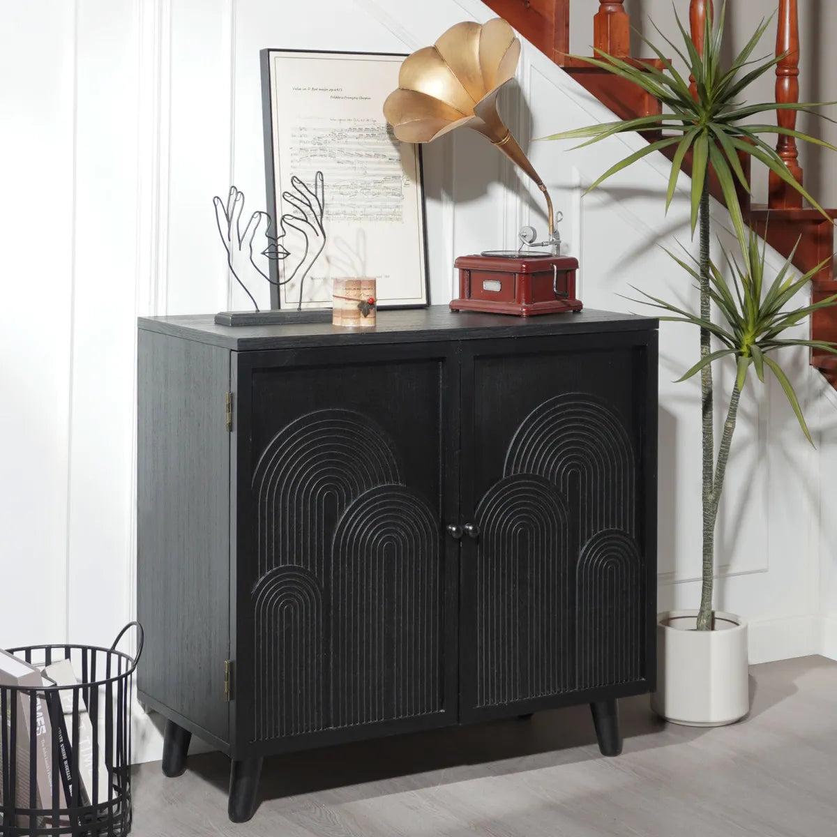 Modern Black Wood Accent Cabinet with Embossed Door – view 2