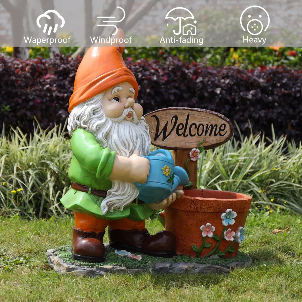Outdoor Garden Gnome Statue with Flower Pot Planter, Yard Decoration