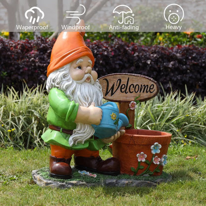 Outdoor Garden Gnome Statue with Flower Pot Planter, Yard Decoration