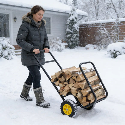 Rolling Firewood Log Cart, Steel Wood Rack Storage Carrier with Wheels