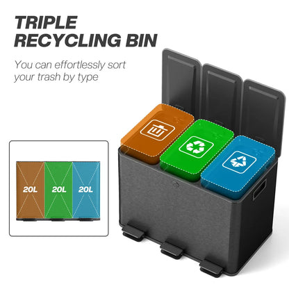 Triple Trash Can with Soft-Close Foot Pedal – 3-Compartment Sorting Bin, Black