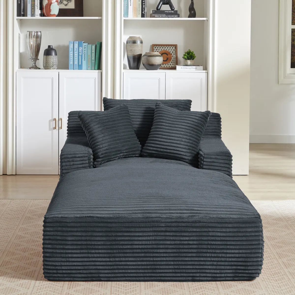Oversized Chaise Lounge Chair – Corduroy Upholstered Indoor Lounge Sofa, Dark Grey