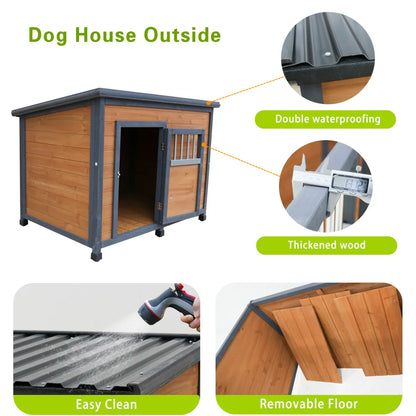 45" Large Wooden Dog House with Waterproof PVC Roof, Gray and Yellow
