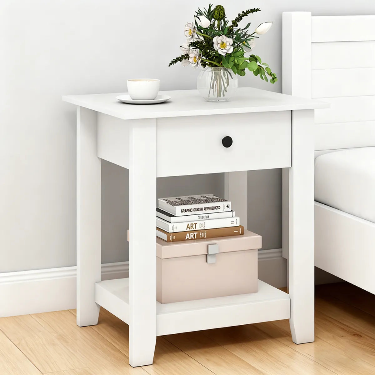 3-Tier Nightstand with Drawer and Open Shelf, Black