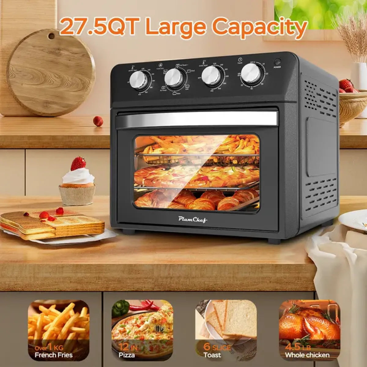 27.5QT 6-in-1 Air Fryer Toaster Oven – Dropdown-Door Convection Oven