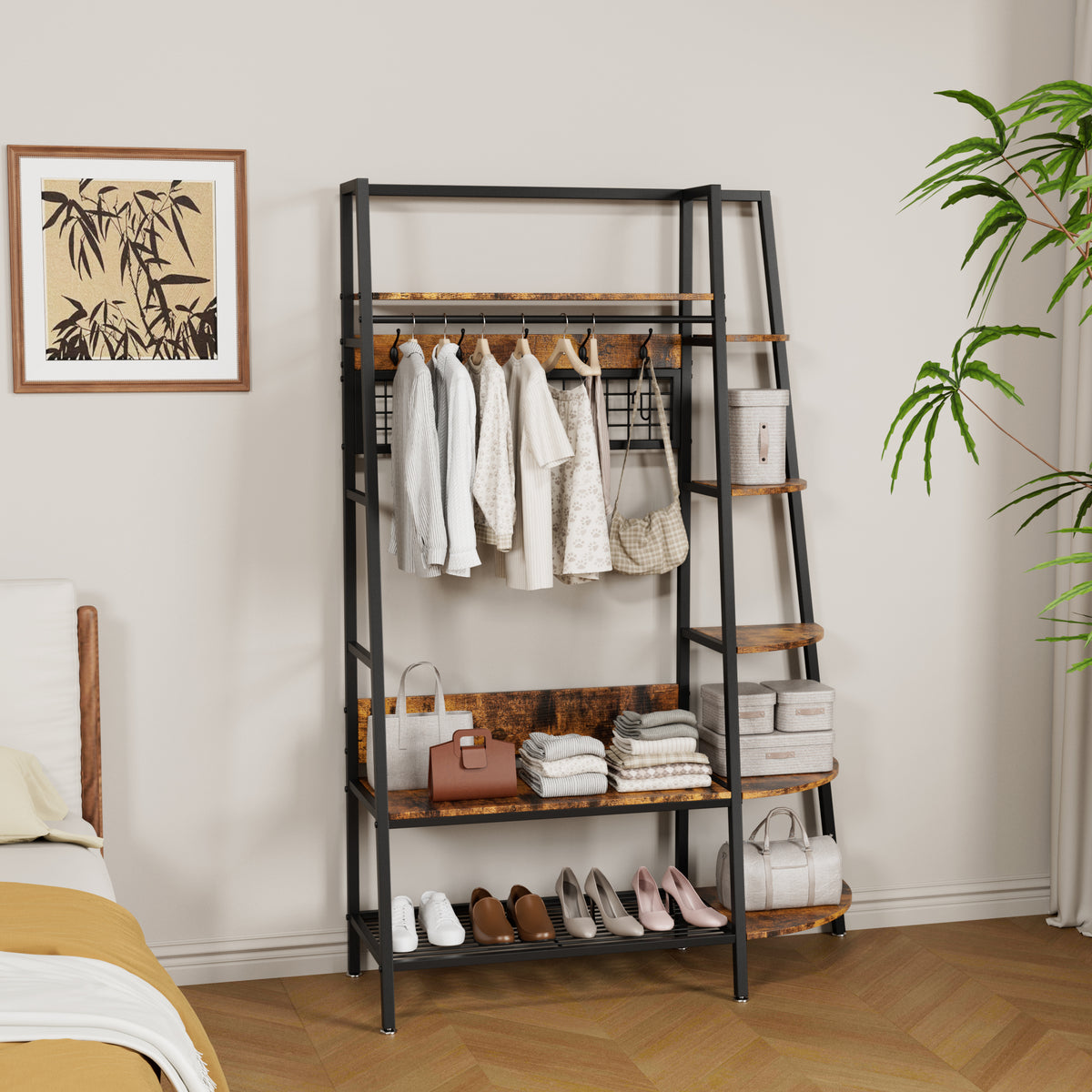 Industrial open coat rack with shelves