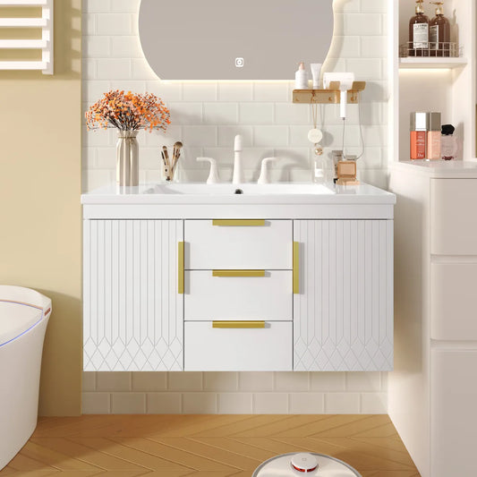 Wall-Mounted Floating Bathroom Vanity Cabinet, White