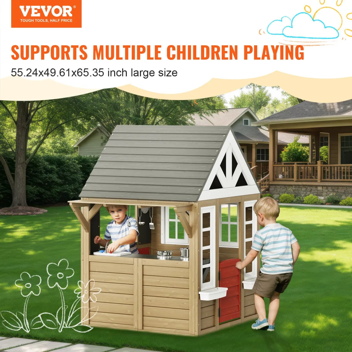 Outdoor Wooden Playhouse Cottage with Door and Window, Brown
