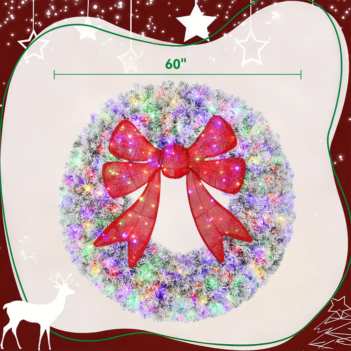 60 In Flocked Pre-Lit Christmas Wreath with 3D Red Bow