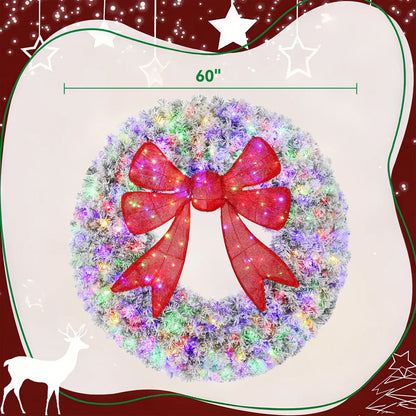 60 In Flocked Pre-Lit Christmas Wreath with 3D Red Bow