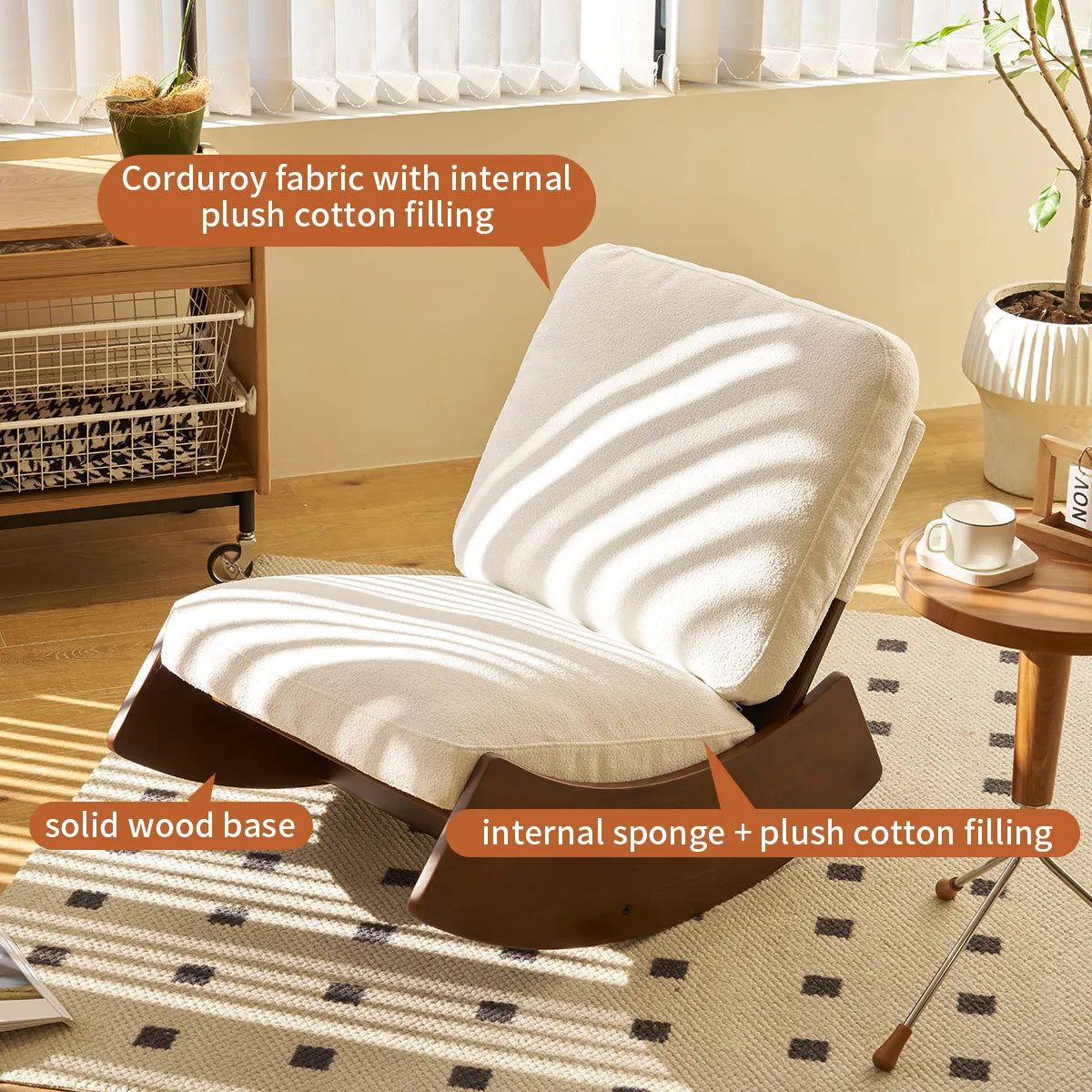 Comfortable Glider Rocking Chair – Corduroy Upholstery, Solid Wood Frame, White – view 4