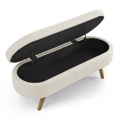 Oval Storage Bench with Rubber Wood Legs, Beige