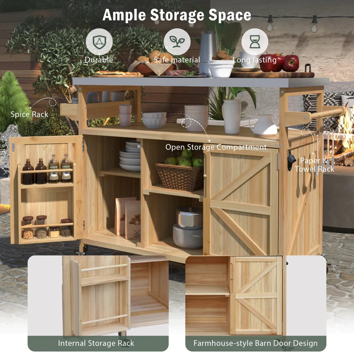 Outdoor Kitchen Island Bar Cart with Storage Cabinet, Natural
