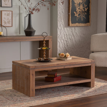 Rustic solid wood coffee table with shelf