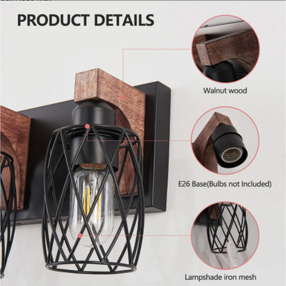 Industrial 3-Light Vanity Wall Sconce – Black Cage with Wood Accents