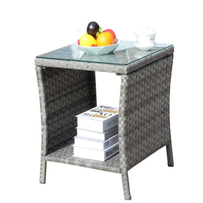 Outdoor Wicker Side Table with Clear Tempered Glass Top