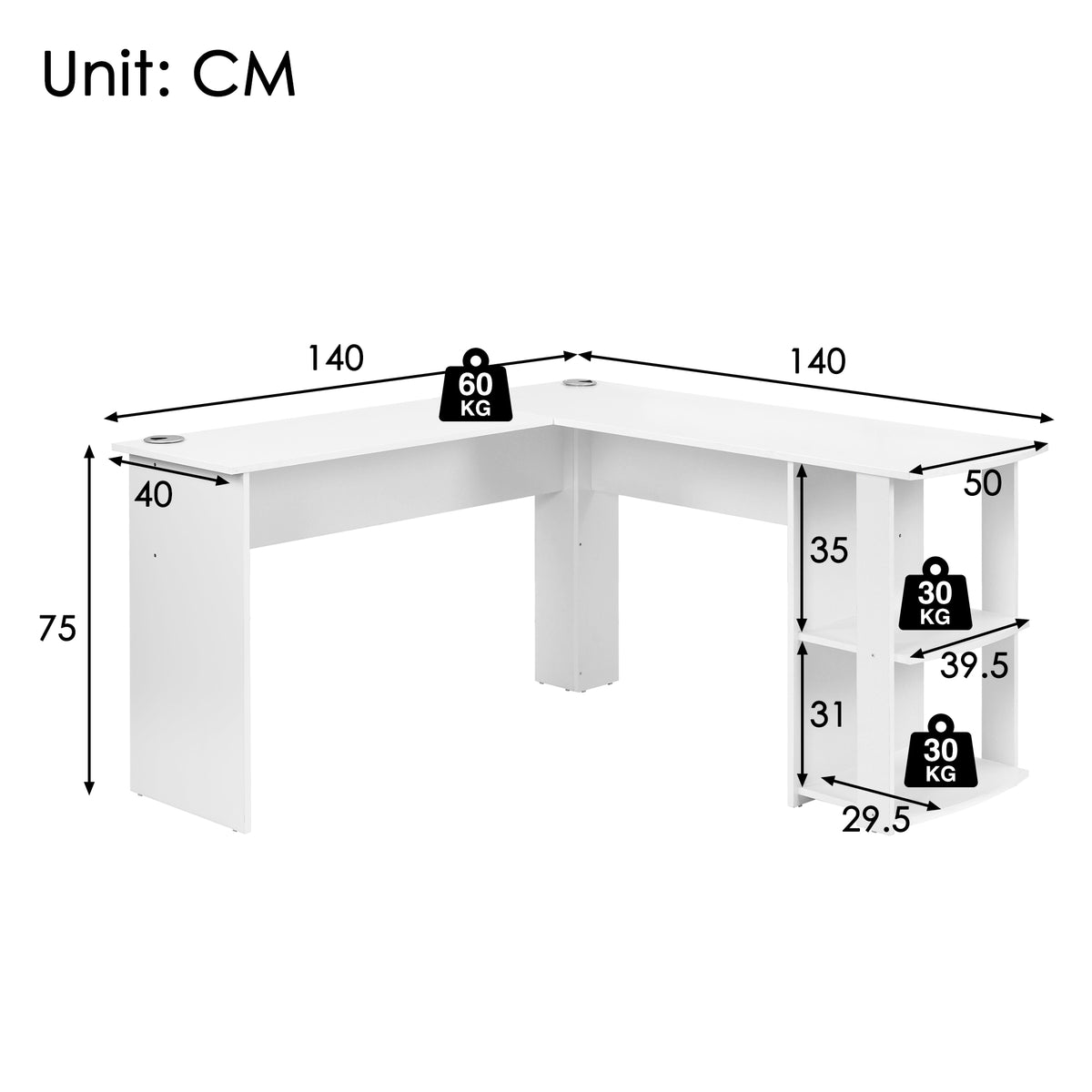 140cm L-shaped corner desk with storage, white