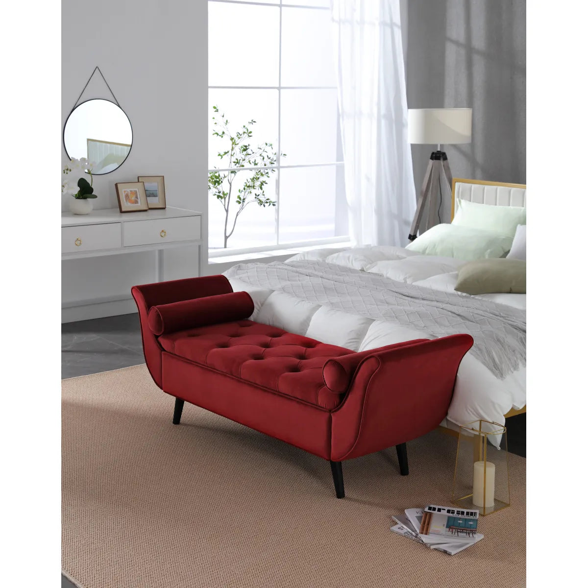 Vintage Tufted Long Bench, Velvet Upholstered Storage Ottoman