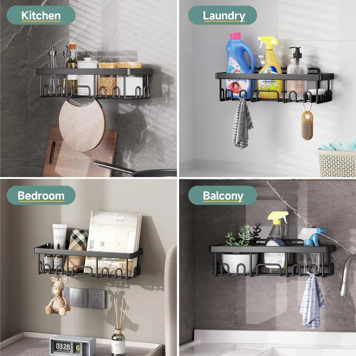 6-Pack Black Shower Caddy Set – Adhesive Bathroom Storage Shelves