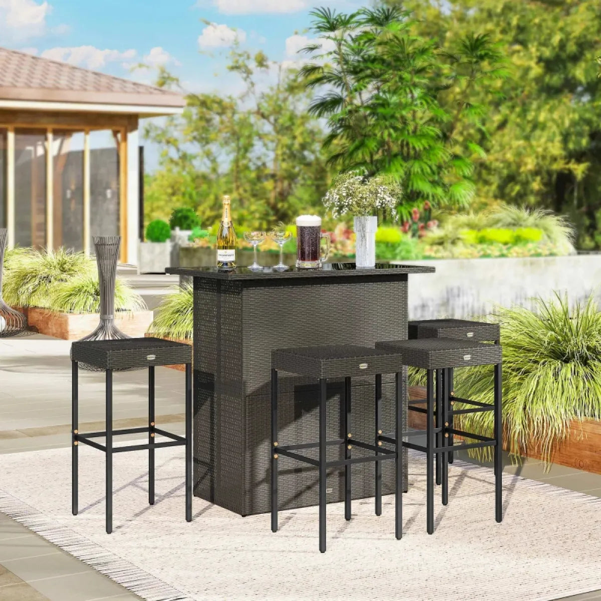 5-Piece Rattan Wicker Outdoor Bar Height Table and Stool Set, Brown