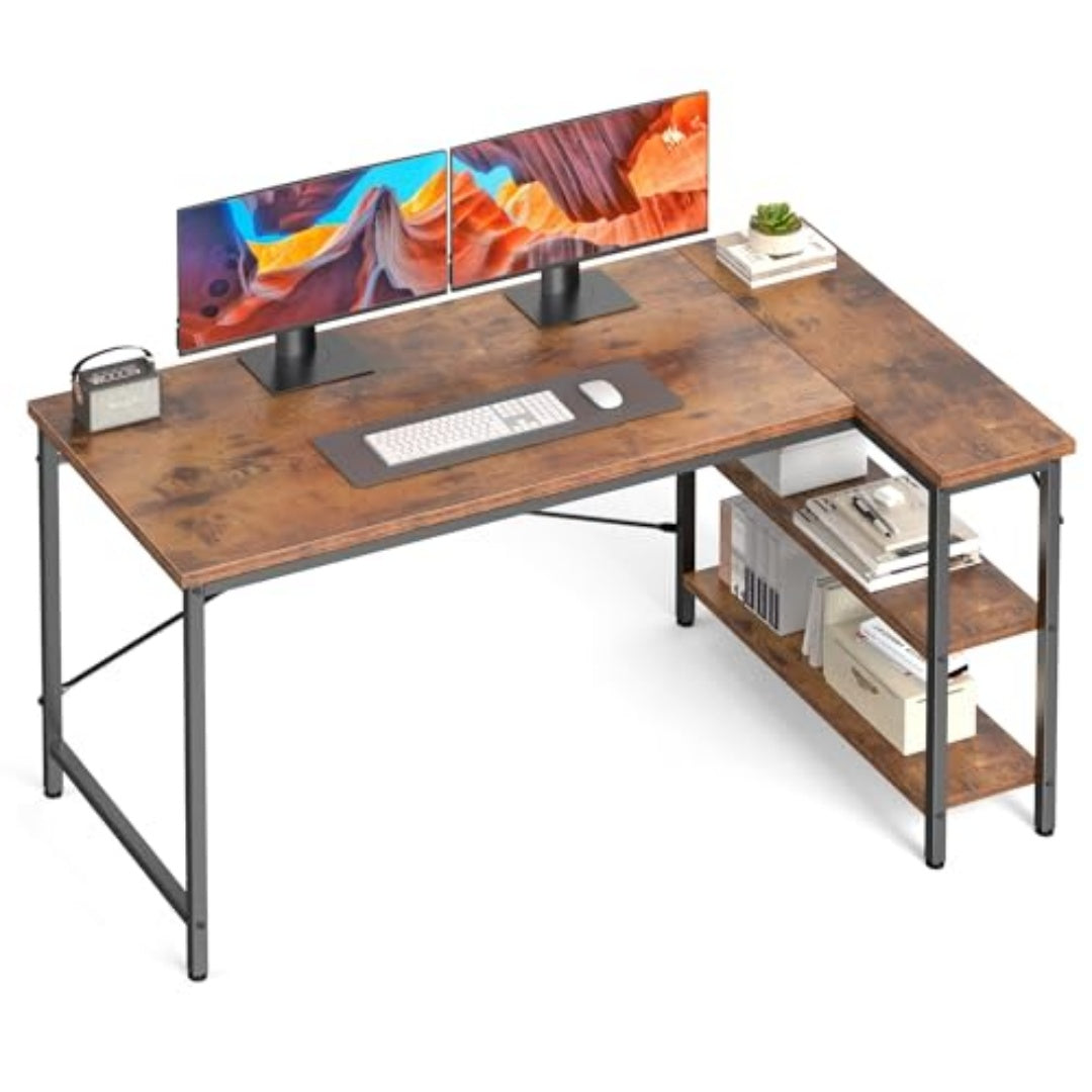 L-shaped reversible storage desk with shelving