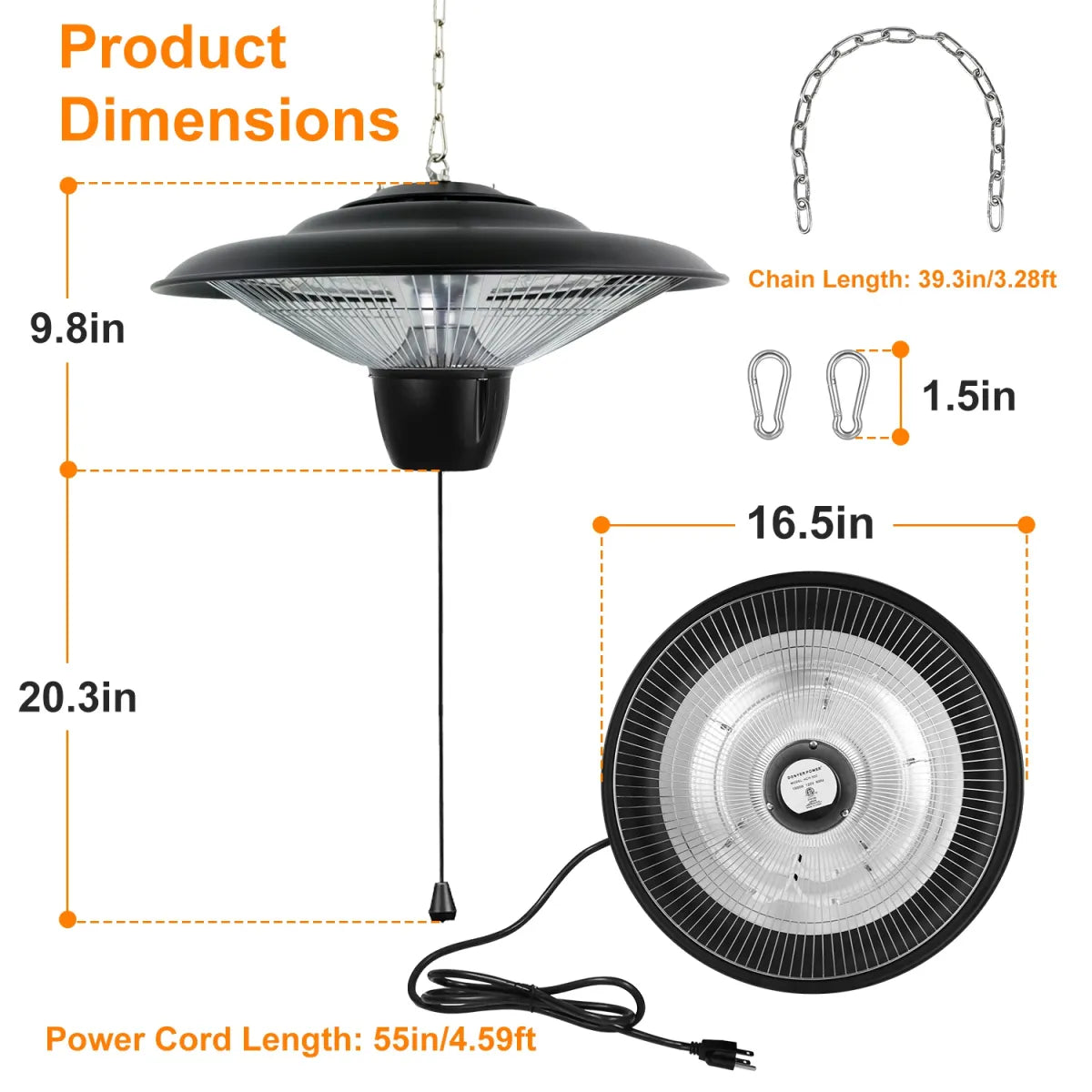 1500W Hanging Electric Patio Heater – Waterproof Outdoor Heating Lamp