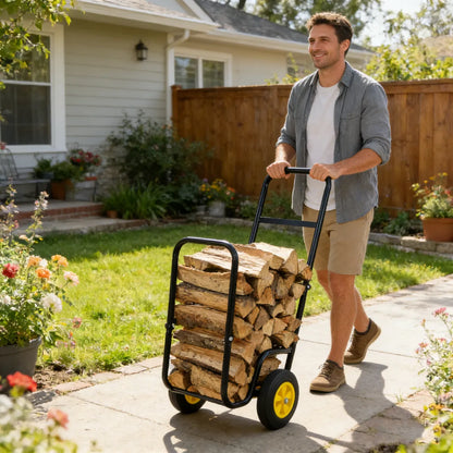 Rolling Firewood Log Cart, Steel Wood Rack Storage Carrier with Wheels
