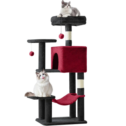44" Cat Tree Tower with Sisal Scratching Posts, Hammock and Extended Platform, Beige