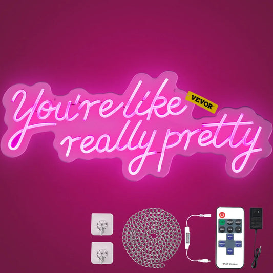 Pink LED Neon Sign for Wall Decor, "You're Like Really Pretty" with Remote