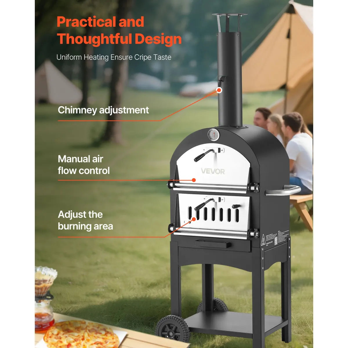 12" Wood-Fired Outdoor Pizza Oven with Wheels, 2-Layer