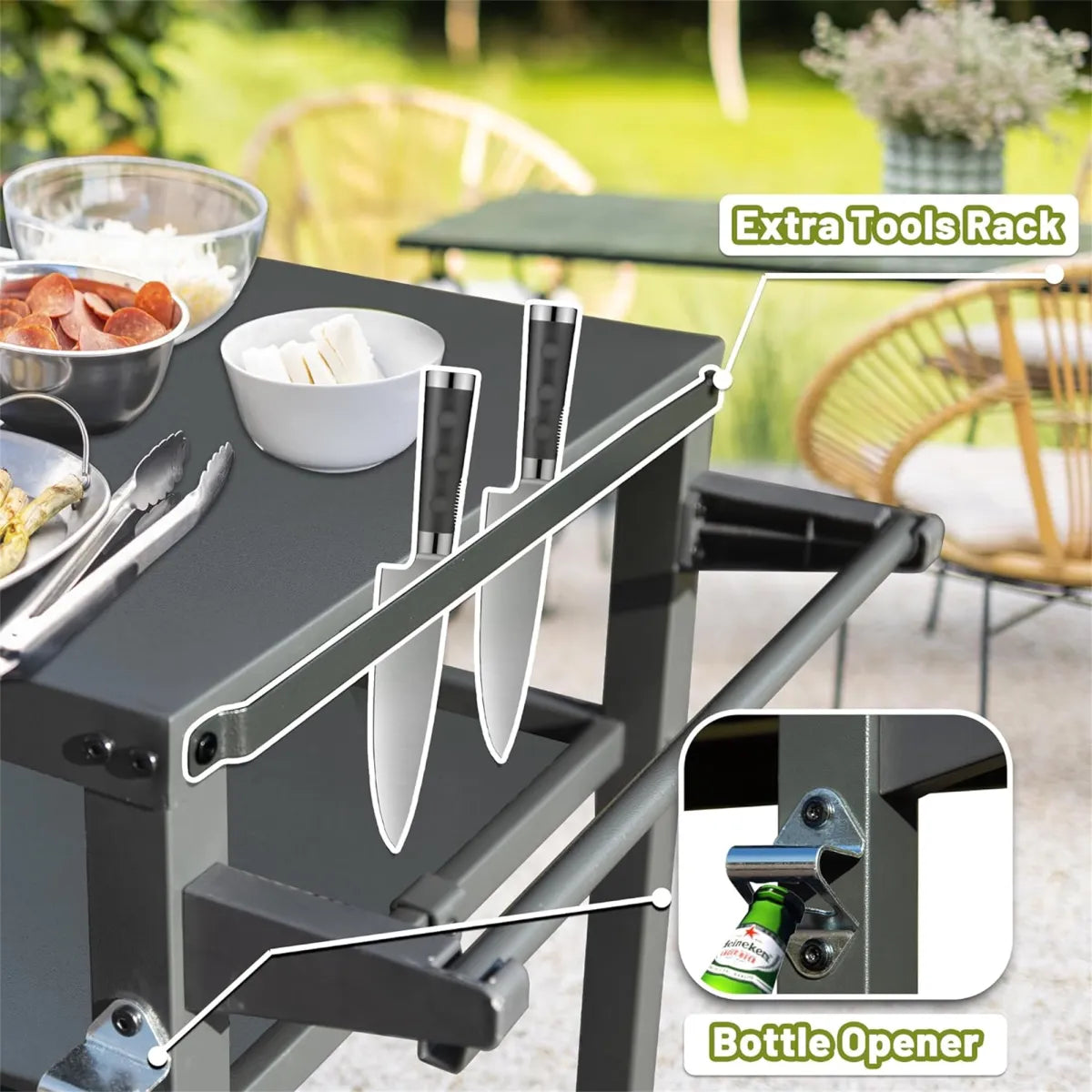 3-Shelf Outdoor Grill Prep Cart with Wheels and Propane Tank Hook