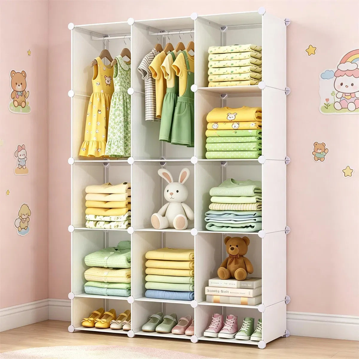 3-Cube Modular Kids Closet with Hanging Rods, Tool-Free Assembly, White