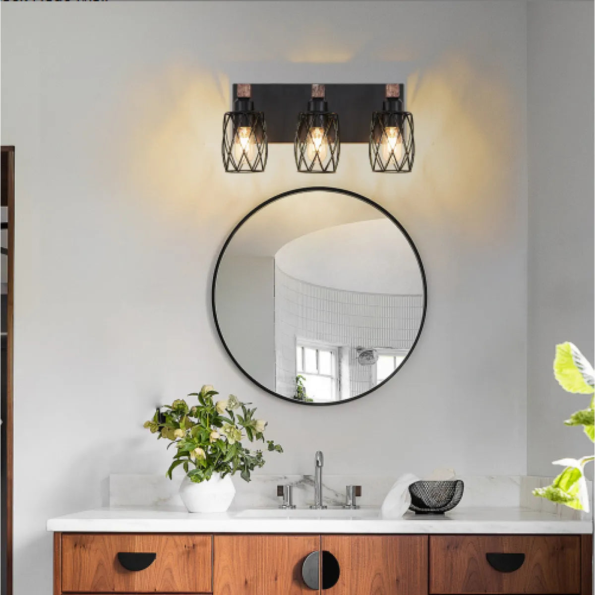 Industrial 3-Light Vanity Wall Sconce – Black Cage with Wood Accents