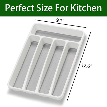 5-Compartment Utensil Tray – White Plastic Flatware Drawer Organizer
