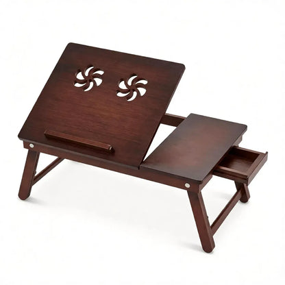 Adjustable Bamboo Laptop Bed Tray with Storage Drawer, Brown