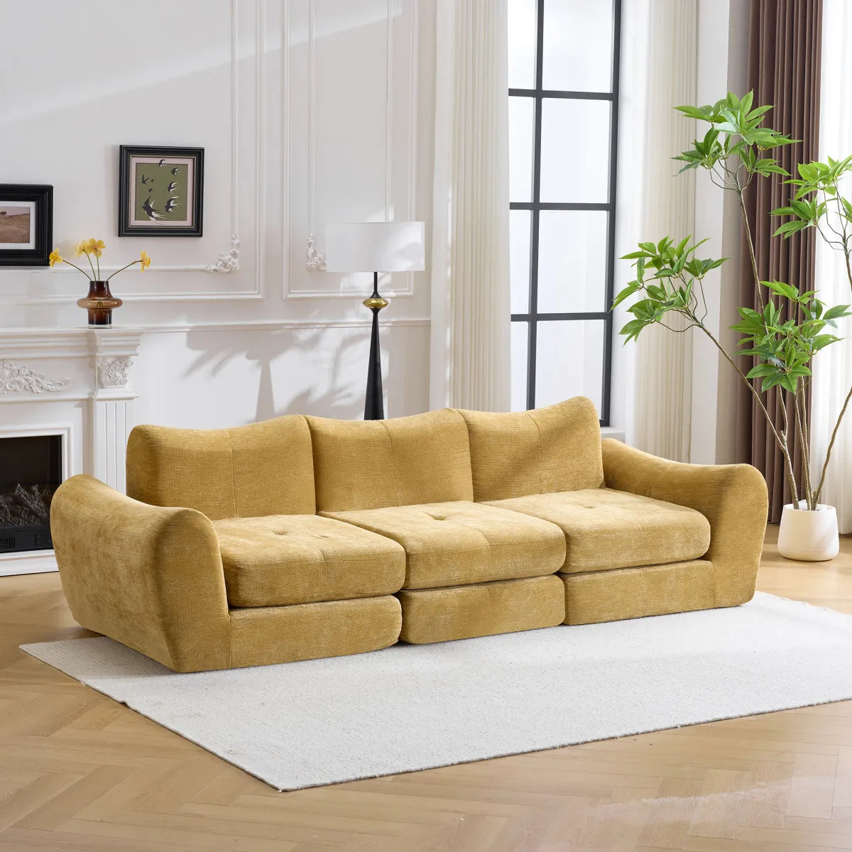 3-Seat Modular Cloud Sofa Bed, Yellow Chenille – view 3