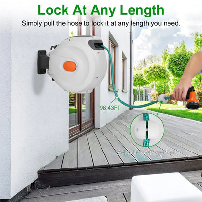 Retractable Wall-Mounted Garden Hose Reel – Auto Lock with 8 Spray Patterns