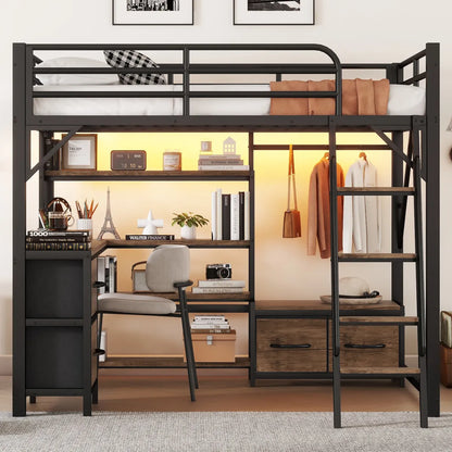 Full Size Metal Loft Bed with Desk, Wardrobe & Storage Shelves – view 2