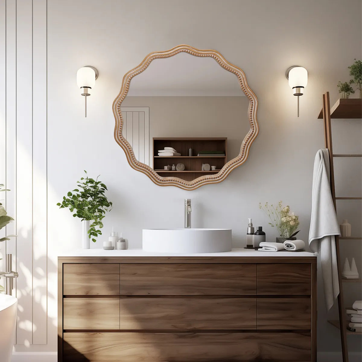 Scalloped Wood Frame Round Wall Mirror, Antique Natural