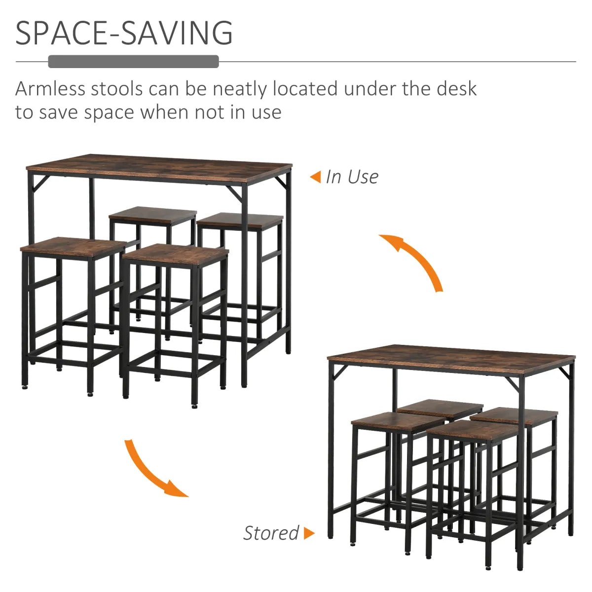 5-Piece Industrial Bar Table & 4 Stools Set, Space-Saving Pub Set – view 3