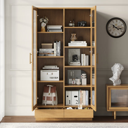 Tall glass display cabinet with drawer