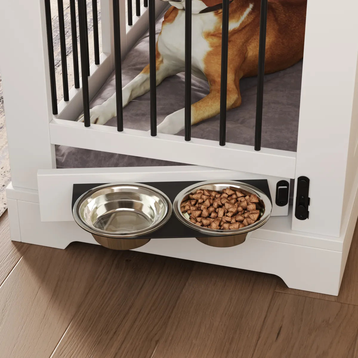 Farmhouse Dog Crate Furniture with Storage Drawers, White Brown