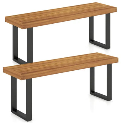 Set of 2 Solid Acacia Wood Outdoor Dining Benches with Metal Legs