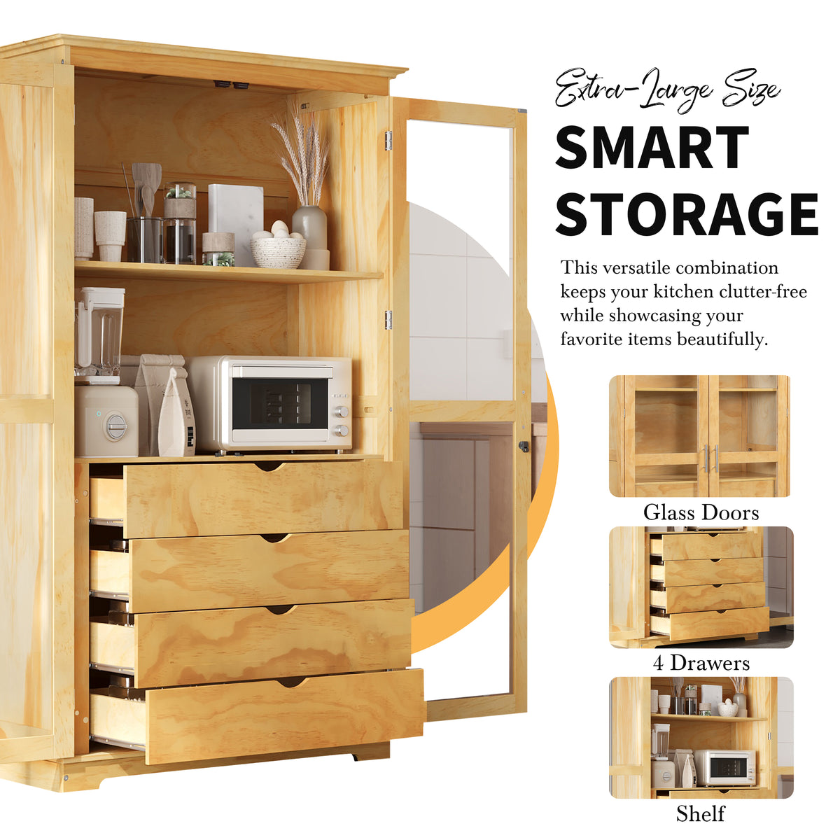 Farmhouse Pantry Cabinet with Glass Doors, Natural – alternate view 3