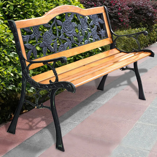 Wooden Garden Loveseat Bench with Iron Armrests